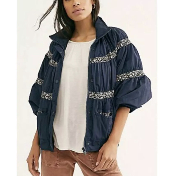 Free People On My Mind Bomber Jacket Navy Blue Retro Boho choose size S A002099 - Picture 1 of 9